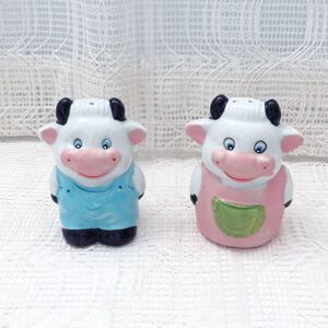 Vintage Country Cow Salt and Pepper Shaker Set, Cows With Pink and Blue Outfits